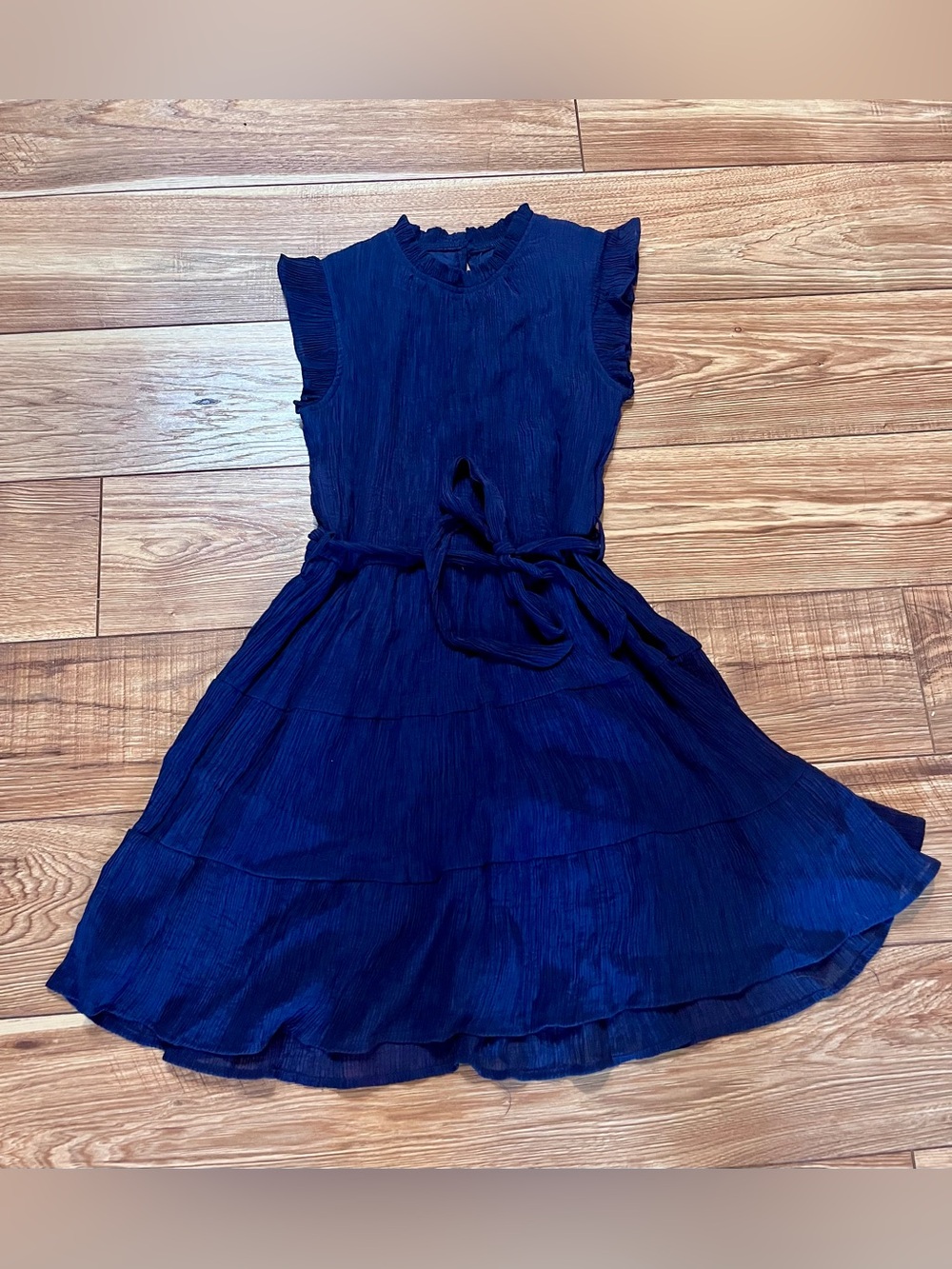 Girl’s Navy Sleeveless Ruffled Belted Dress